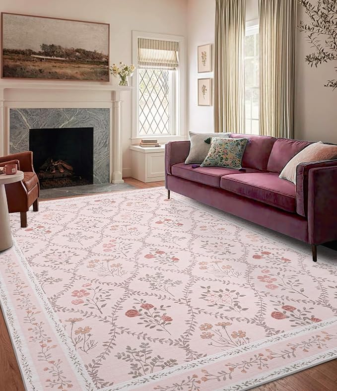 YIHOUSE Pink Floral Print Rugs, Moroccan Trellis 9x12 Washable Large Rug, Modern Pastel Non Slip Ultra-Thin Area Rug for Classroom, Nursery Playroom,Dorm,Bedroom,Living Room, Pink Multi