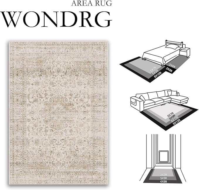 12x15 Beige Area Rug Vintage Living Room Bedroom Washable Carpet Non-Slip Soft Low Pile Distressed Indoor Large Throw Rug for Dining Room Office