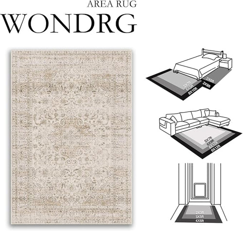 10x14 Beige Area Rug Vintage Living Room Bedroom Washable Carpet Non-Slip Soft Low Pile Distressed Indoor Large Throw Rug for Dining Room Office