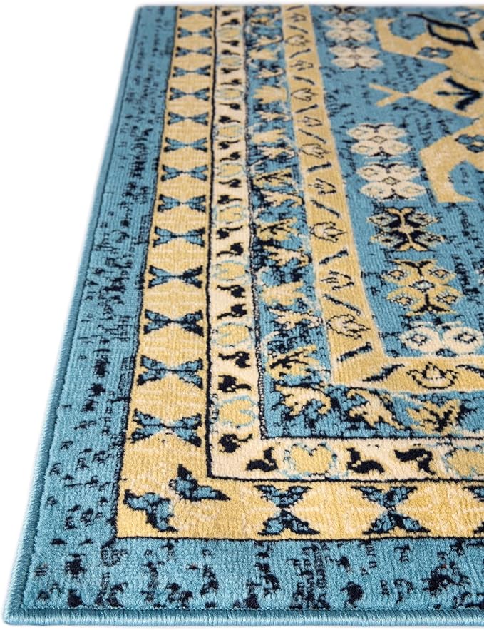 Unique Loom Taftan Collection Border Geometric Tribal Inspired Design Area Rug, 7 ft x 10 ft, Light Blue/Gold