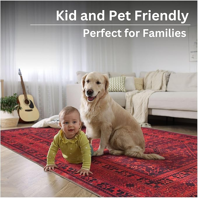 Bloom Rugs Washable Non-Slip 9' x 12' Rug - Red Traditional Bordered Area Rug for Living Room, Bedroom, Dining Room, and Kitchen - Exact Size: 9' x 12'
