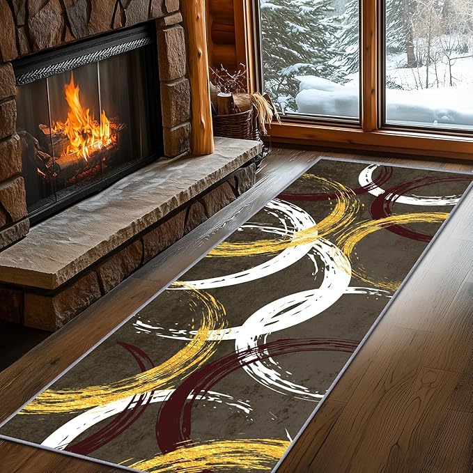 Gold White Red Circle Pattern Runner Rug, 2.6x7ft Washable Hallway Entrance Rugs - Corridor & Foyer Long Accent Rug, Modern Stylish Decor Carpet for Home Runner Non-Slip Mat