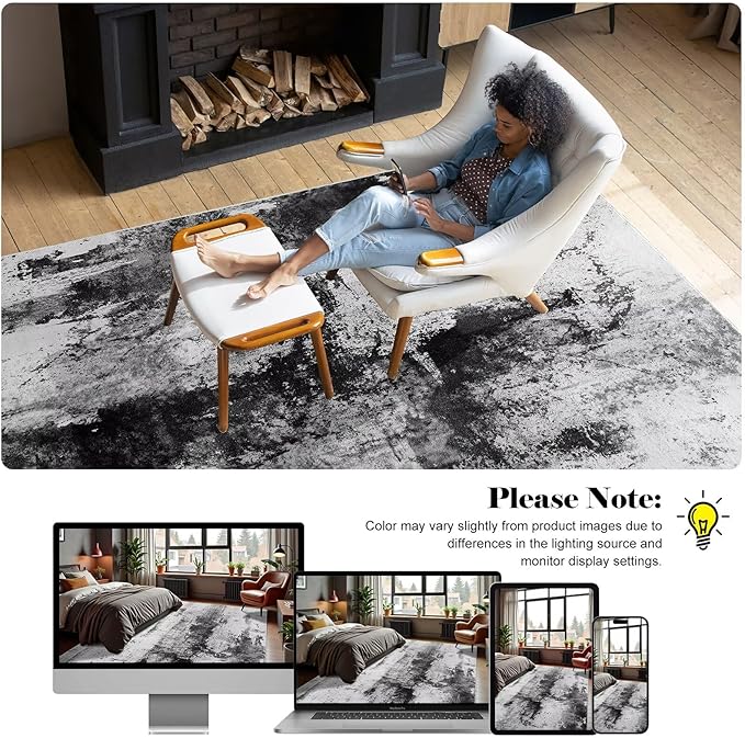 Washable Abstract Rug, 3x5 Modern Area Rugs with Non-Slip Rubber Backed for Bedroom, Thin but Soft Contemporary Carpet Kitchen Living Room Decor, Black Grey