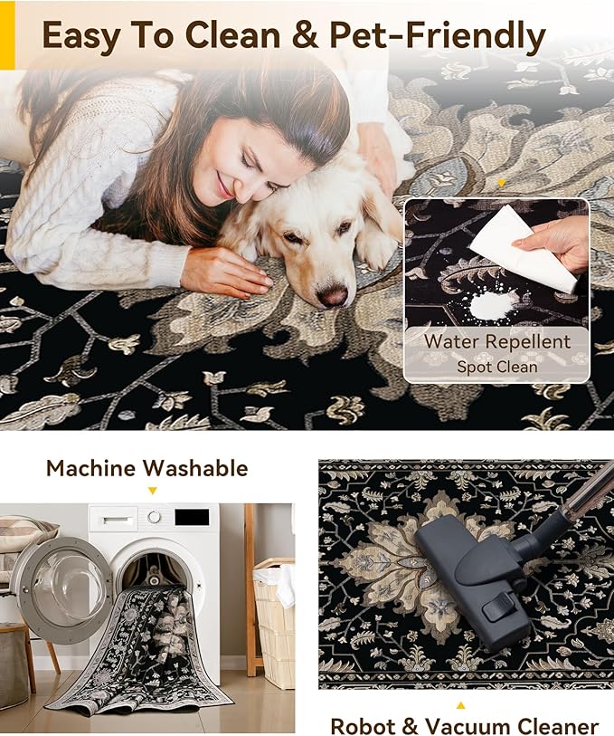 Area Rugs 2'x9' Washable Non-Slip, Floral Vintage Distress Print Pattern Medallion Carpet for Living Room Bedroom Dining Room, Black Brown Neutral Dark Tan
