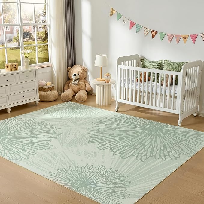 WITSHOCK Living Room Area Rugs 8x10: Boho Light Green Rug for Bedroom Kids Room Neutral Modern Soft Thin Large Carpet Non-Slip Stain Resistant Low Pile Decor,Green/Light Green