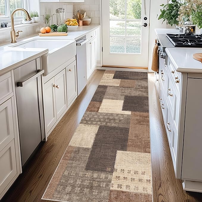Modern Geometric Patchwork Indoor Runner Rug for Living Room, Beige 2'x 6' Large Rug Rockwood Collection Hardwood Floors Decor for Bedroom, Beige Throw Carpet for Office Entryway Dining Room