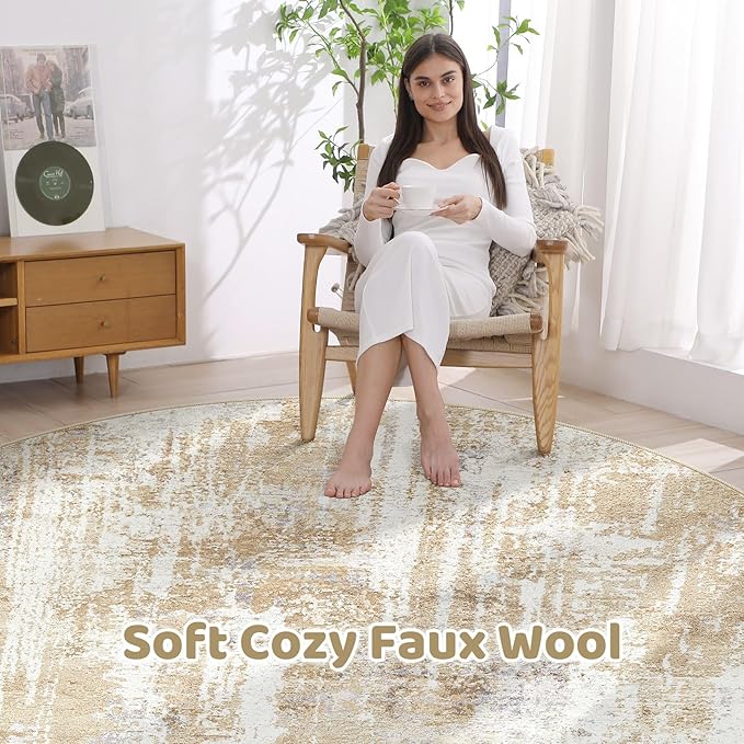 Round Rug Living Room Rugs: 7Ft Washable Circle Large Abstract Modern Soft Stain Resistant Non Slip Indoor Floor Carpet for Bedroom Nursery Office Dining Room Dorm Home House Decor- Gray Gold