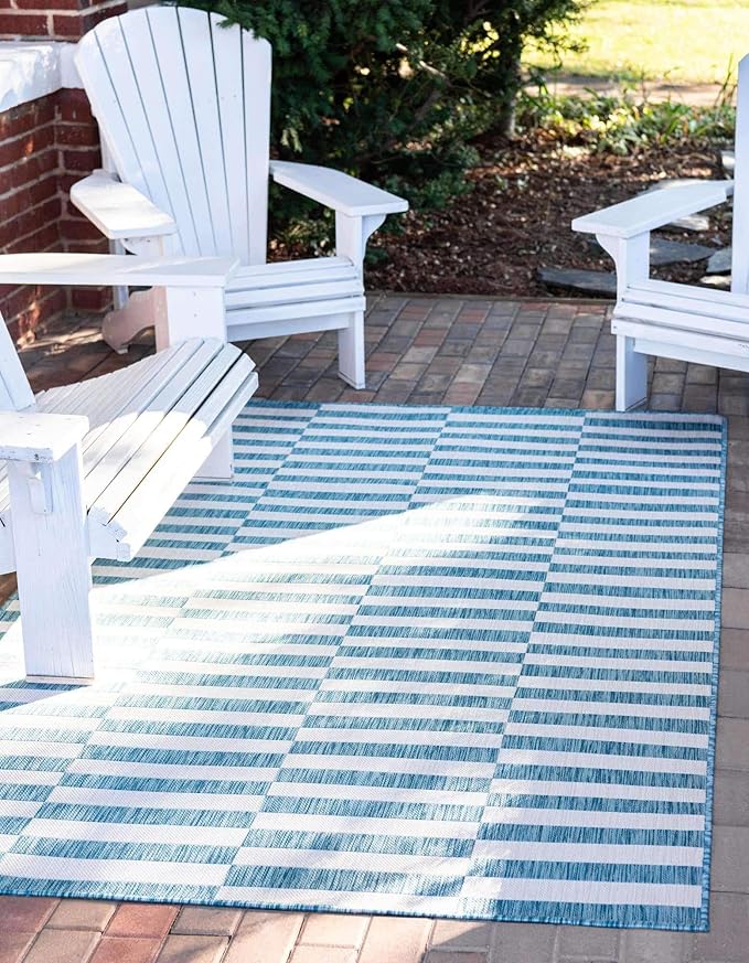Unique Loom Outdoor Striped Collection Area Rug - Striped (4' 1" x 6' 1" Rectangle, Light Aqua/Ivory)