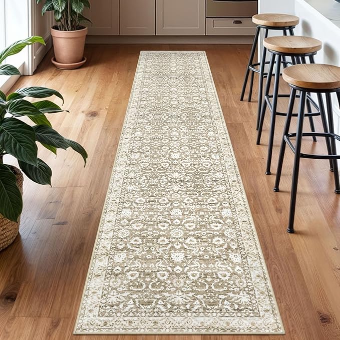 Runner Rug 2x10, Beige Tan White Washable Long Hallway Rug Runner Non-Slip Soft Kitchen Runner Thin Printed Faux Wool Super Soft Carpet for Entryway Bedroom Laundry Room Indoor Home Decor