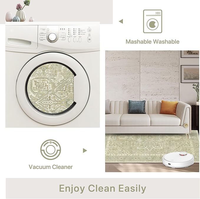 8x10 Area Rug Machine Washable Boho Rug for Living Room,Ultra-Thin Low Pile Carpet,Lightweight Indoor Printed Rug,Non Slip Floral Area Rug for Bedroom, Dining Room, Home Office,Taupe
