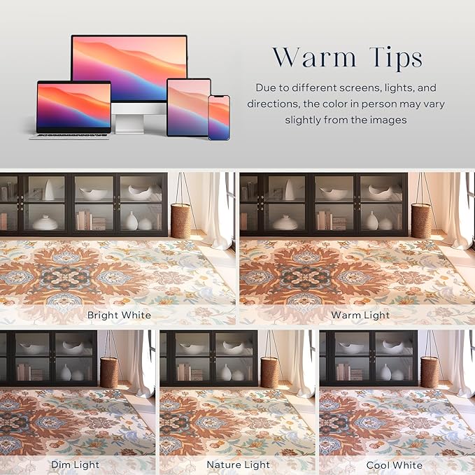 Phantoscope Washable Area Rug 5'x7' Non-Slip, Vintage Boho Rugs for Living Room, Bedroom, Dining Room, Fall Orange Floral Medallion Pattern, Low-Pile Foldable Floor Carpet, Rust/Multi Floral