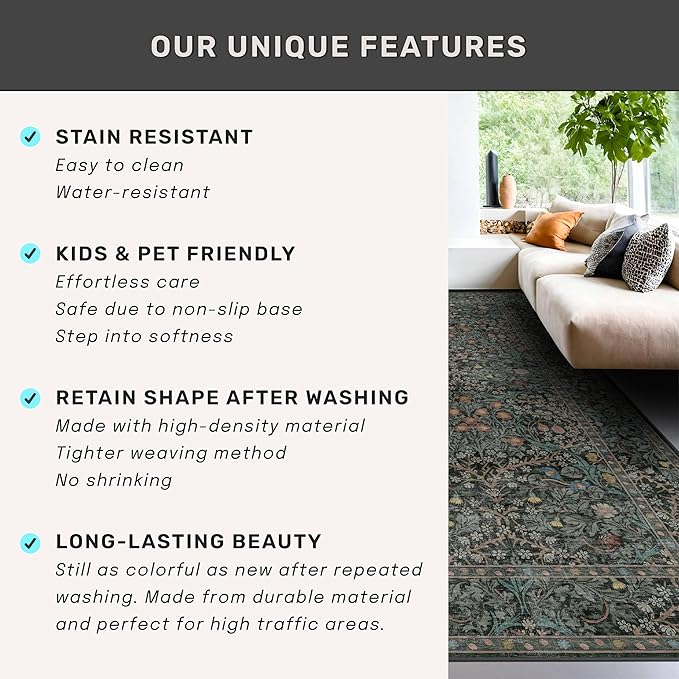 Dark Green Washable 3x12 Extra Long Runner Rug for Hallway Non Slip, Large Kitchen Indoor Floor Rugs for Entryway Hall Way Bedroom, Soft Stain Resistant Low Pile Vintage Floral Carpet