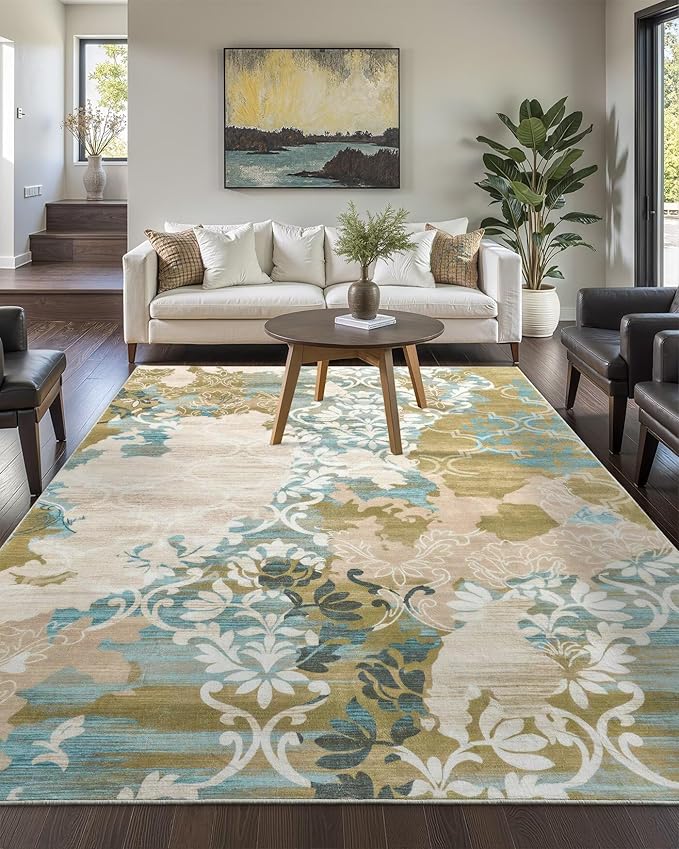 Washable Abstract Rug, 6x9 Willow Green and Blue Floral Area Rugs with Non-Slip Rubber Backed for Living Room, Low Pile Modern Throw Carpet Bedroom Dining Room Decor