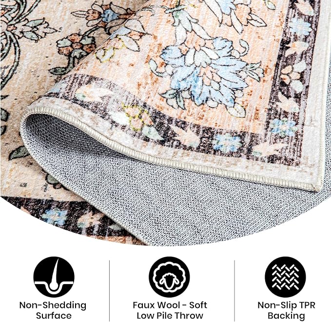 4x6 Washable Area Rug – Ivory and Beige Vintage Carpet with Charcoal Border, Floral Scroll&Geometric Lattice Pattern, Boho Non-Slip Indoor Mat for Living Room, Bedroom, Dining Room, Entryway
