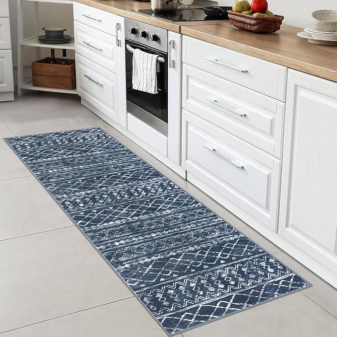 KUTA Moroccan Washable Hallway Runner Rug, 2x6 Non-Slip Vintage Navy Blue Boho Rugs Kitchen Runners Ultra Soft Distressed Geometric Floor Carpet for Bedroom Laundry Living Room