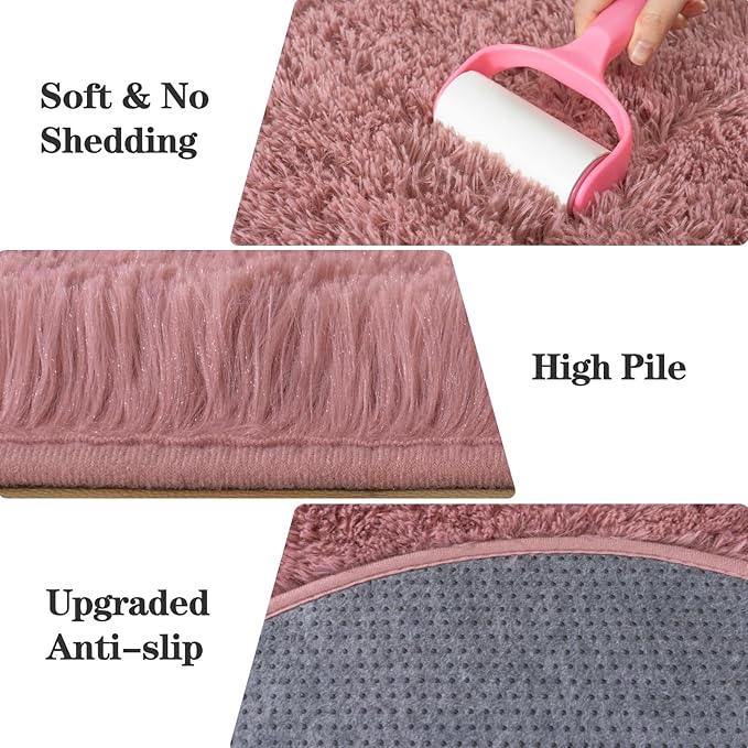 Soft Fluffy Area Rug for Bedroom, Blush Pink Fuzzy Shaggy Oval Throw Rugs for Bedside, Non-Slip Cozy Plush Shag Carpet for Girls Kids Room Nursery Dorm Living Room, 2.6 x 5.3 Feet