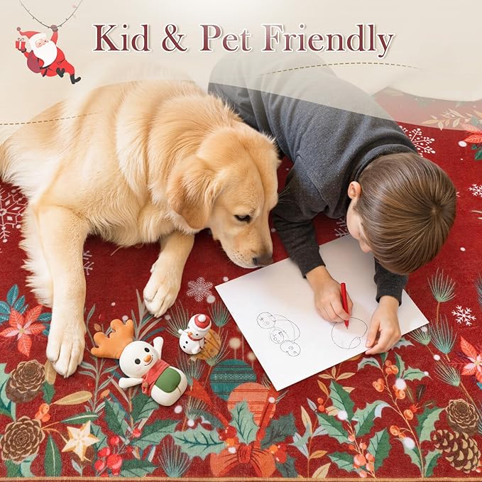 Wonnitar Christmas 5x7 Area Rugs, Red Floral Rugs for Living Room, Non-Slip Soft Bedroom Rug, Washable Low Pile Snowflake Holiday Decor Rugs Carpet for Dining Room Bedside(Christmas Red,5'x7')