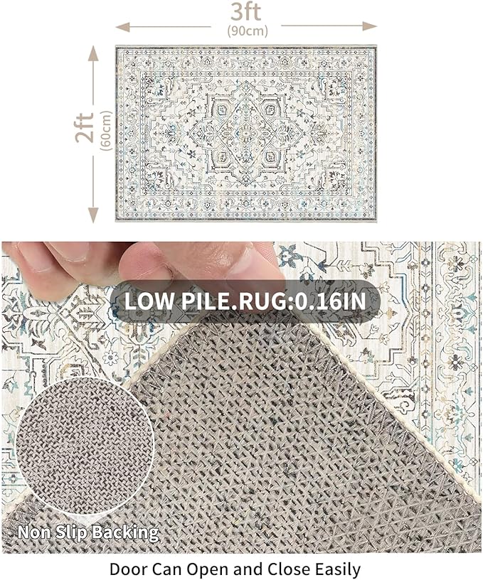 Enkor Area Soft Rugs 2x3 Washable Non Slip Boho Small Floor Entryway Rugs for Hallway, Vintage Style Farmhouse Mat for Kitchen White & Grey