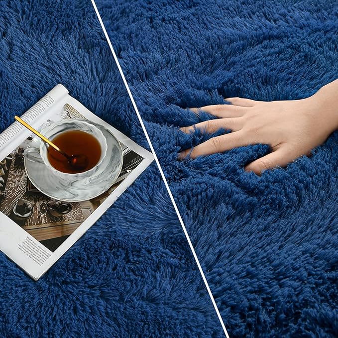 Large Shag Area Rugs 10 x 14, Plush Fuzzy Rugs for Living Room, Ultra Soft Fluffy Furry Rug for Bedroom, Anti-Skid Indoor Solid Carpet Nursery Rugs for Kids Room Home Decor, Navy Blue