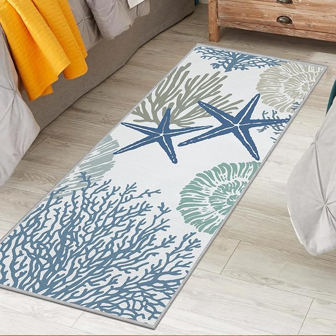 Tritard Coastal Runner Rug 2x6 Nautical Kitchen Hallway Rugs Beach Themed Non-Slip Indoor Floor Mat Machine Washable Rugs Carpet for Bathroom Living Room Bedroom Laundry Room Entryway, Blue