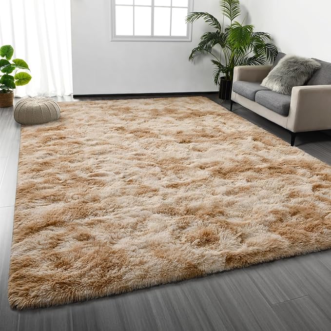 Large Shag Area Rugs 9 x 12, Tie-Dyed Plush Fuzzy Rugs for Living Room, Ultra Soft Fluffy Furry Rug for Bedroom, Indoor Carpet Nursery Rugs for Kids Room Home Decor, Beige
