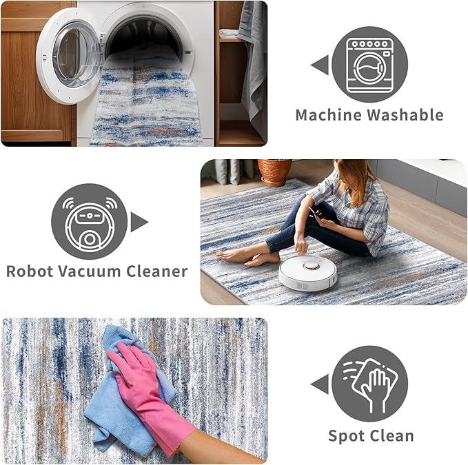 2'6''x10' Washable Runner Rugs for Hallway: Easy-to-Clean Abstract Runners for Entryway Bedroom - Stain and Water Resistant Rugs with Non-Slip Backing - Soft Low-Pile Carpet Navy Grey