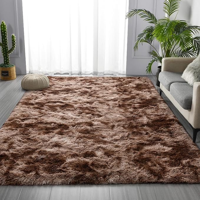 Large Shag Area Rugs 6 x 9, Tie-Dyed Plush Fuzzy Rugs for Living Room, Ultra Soft Fluffy Furry Rug for Bedroom, Indoor Carpet Nursery Rugs for Kids Room Home Decor, Coffee
