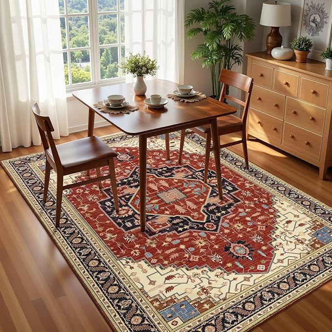 6x9 Orange Red Area Rug for Living Room, Machine Washable Rugs with Non-Slip Backing for Bedroom, Vintage Medallion Carpet Dining Room Office Kids Room Decor