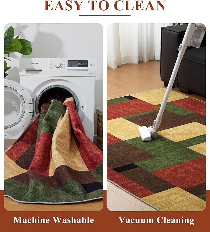 YIHOUSE Red and Green Area Rug 6x9 for Living Room,Burgundy Farmhouse Rugs Washable, Burnt Orange Vintage Rug Non Slip,Geometric Boho Area Rug for Kitchen,Dining Room,Bedroom