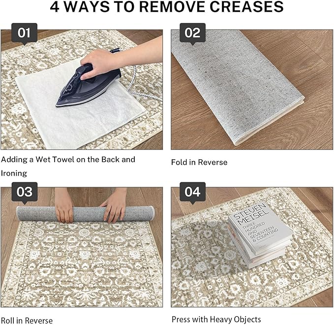 Runner Rug 2.6x10, Beige Tan White Washable Long Hallway Rug Runner Non-Slip Soft Kitchen Runner Thin Printed Faux Wool Super Soft Carpet for Entryway Bedroom Laundry Room Indoor Home Decor