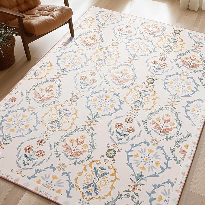 Phantoscope Washable Area Rug 5'x7' Non-Slip, Vintage Floral Boho Rugs for Living Room, Bedroom, DiningRoom, Soft Botanical Moroccan Pattern, Low-Pile Foldable Floor Carpet, Ivory Pink/Boho Garden