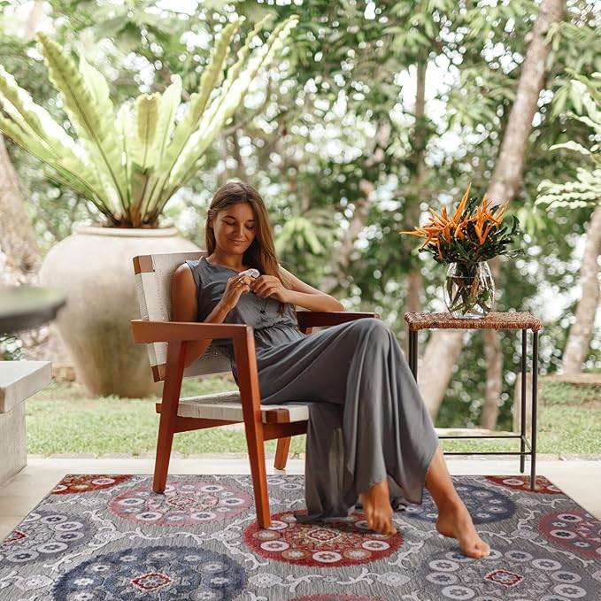 CAMILSON Indoor Outdoor Rug 6x9 Bohemian Medallion Floral Area Rugs for Indoor and Outdoor Patios Easy-Cleaning Non-Shedding Living Room Garden and Kitchen Washable Outside Carpet (6 x 9 / Multicolor)