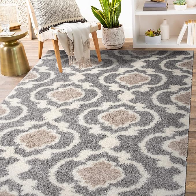 Rugshop Cozy Moroccan Trellis Indoor Shag Area Rug 6'6"X 9' Gray/Cream