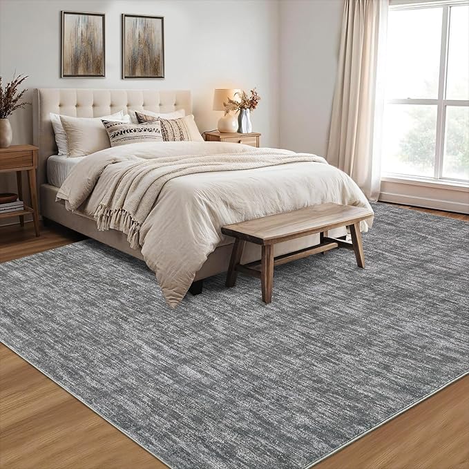 RUGSREAL Machine Washable Area Rug 9x12 Large Living Room Rug with Rubber Backing Modern Solid Color Dining Room Throw Carpet Contemporary Rug for Home Decor Office, 9' x 12' Grey
