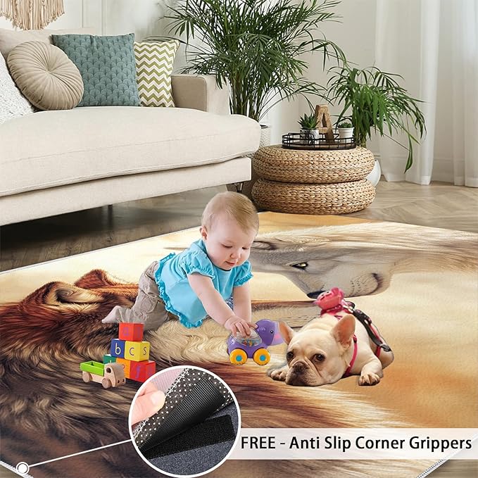 Wolf Rugs for Bedroom - 6x8 Area Rug - 3D Wolf Rugs for Living Room, Misty Forest Rug, Non-Slip Washable Home Decor Carpet