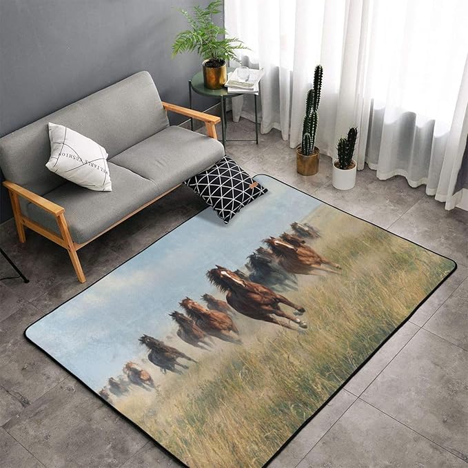 Horses Gallop Across The Grassland Area Rug Washable Outdoor Rugs Anti-Slip Soft Carpet Entryway Indoor Door Mat for Bedroom,Living Room,Porch,Terrace and Entrance Decor 5'x 4'