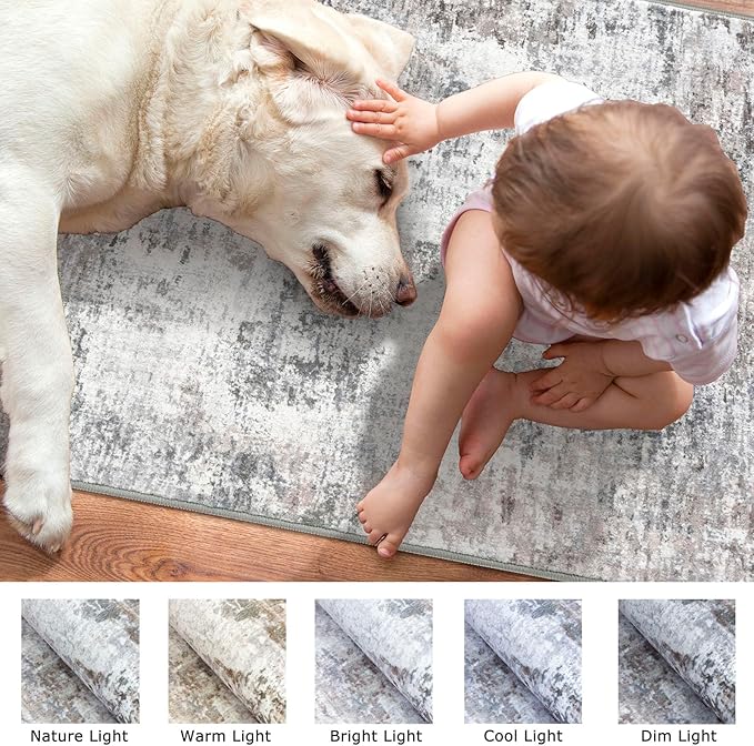 Modern Abstract Runner Rug 2x12, Beige Grey Neutral Washable Long Kitchen Runner Non-Slip Soft Hallway Rug Runner Thin Print Faux Wool Carpet for Entryway Bedroom Laundry Room Indoor