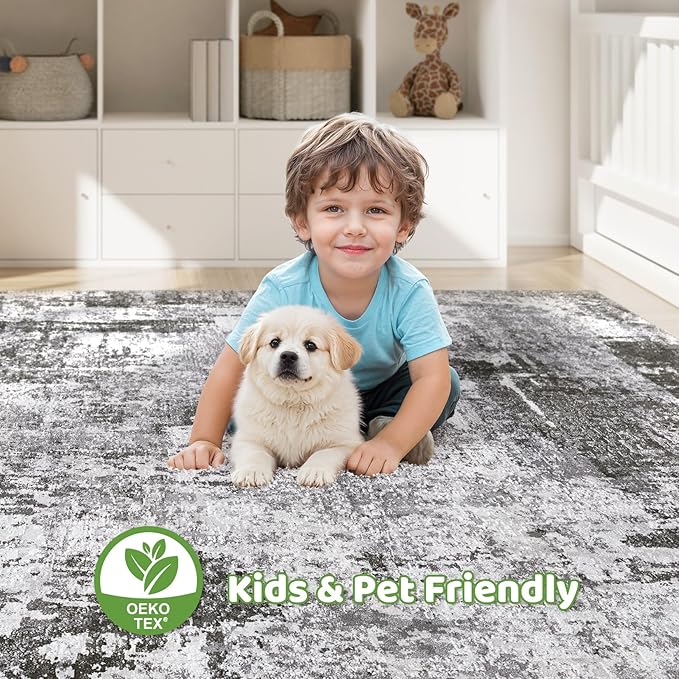 6x9 Area Rugs Living Room: Large Washable Abstract Modern Soft Rug Stain Resistant Indoor Floor Non Slip Accent Carpet for Bedroom Nursery Playroom Dining Room Office Dorm Home Decor- Black Grey