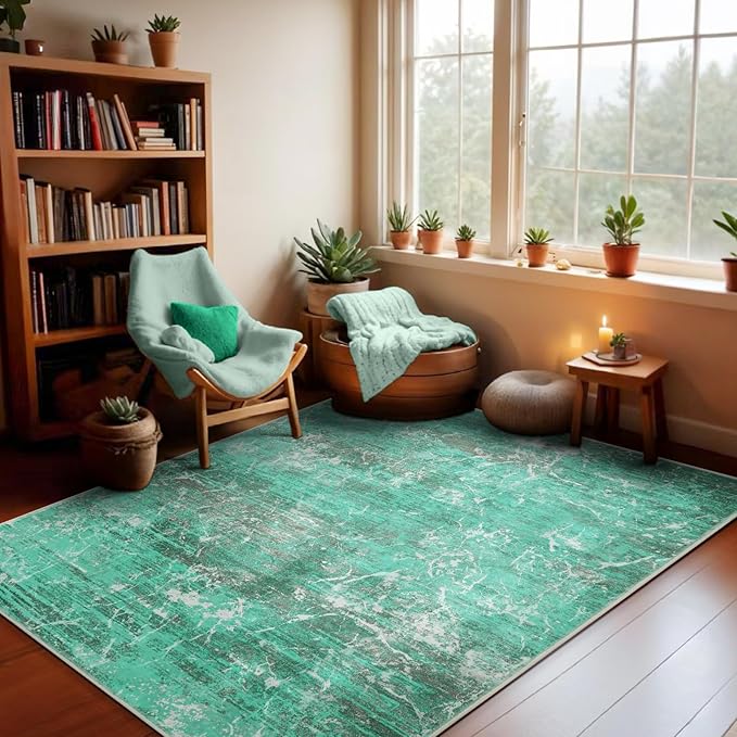 Abstract Green 5x7 Area Rug, Modern Teal Throw Rugs for Living Room, Washable Soft Large Non-Slip Accent Carpet Floor Mat for Dining Room Office Bedroom - Turquoise