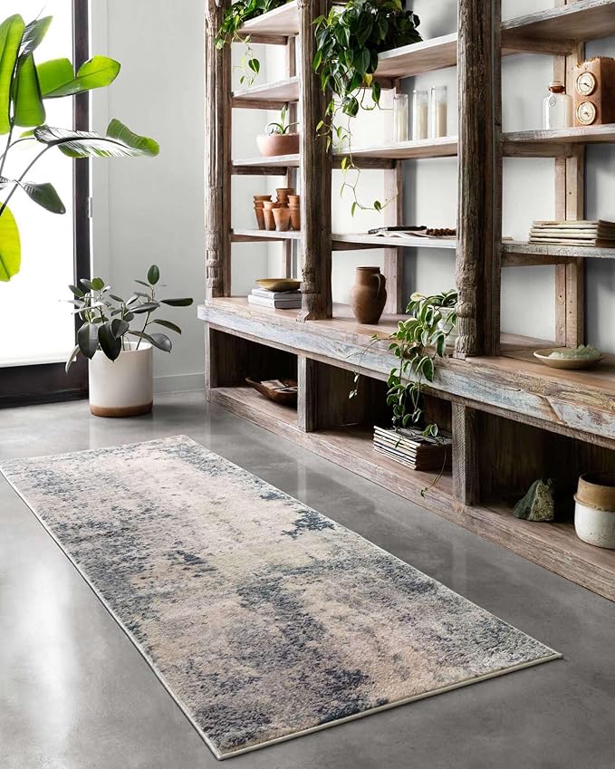 Loloi Teagan Collection TEA-07 Natural/Denim 2'-8" x 7'-6" Runner Rug, Large, Soft Neutral Rug, High-Traffic for Living Room, Bedroom, Home Office, Dining Area