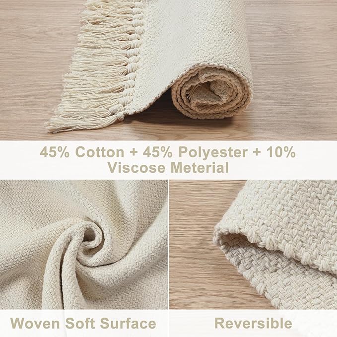 Collive Hallway Runner Rug, 2' x 5' Soft Washable Kitchen Runner Rug, White/Beige Contemporary Modern Laundry Room Rugs Indoor Hand-Woven Cotton Carpet for Bedroom Entryway Front Door Farmhouse