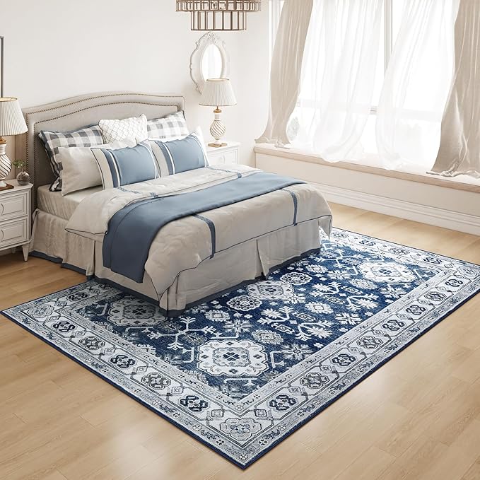 VK VK·LIVING Machine Washable Rug 4'x6' Vintage Design Washable Area Rugs with Non Slip Rugs for Living Room Bedroom Traditional Woven Carpet Stain Resistant Home Decor Office Boho Rug (Navy)