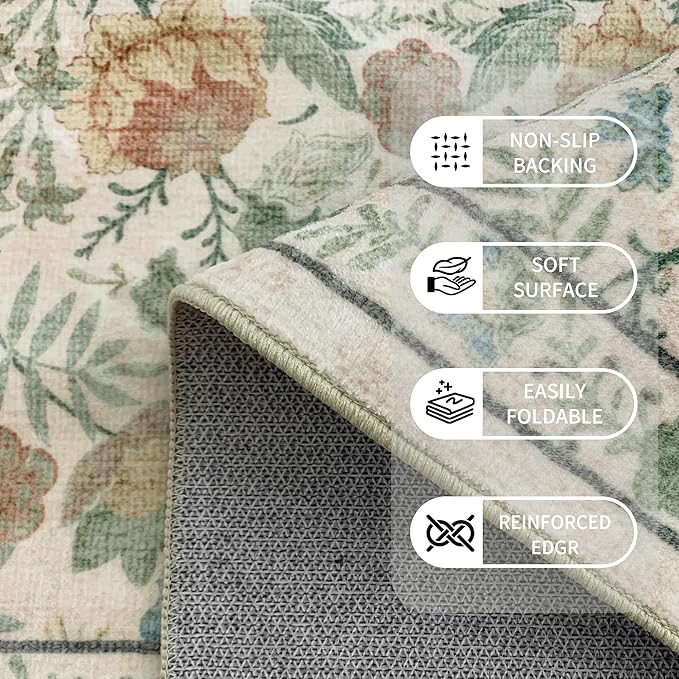Washable Living Room Rug: 5x7 Boho Floral Soft Area Rug for Bedroom Decor - Vintage Low Pile Thin Carpet for Dining Room Non-Slip - Farmhouse Stain Resistant Rugs - Beige Green