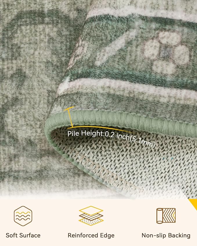 Area Rugs 2'x3' Washable Non-Slip, Floral Vintage Distress Print Pattern Medallion Carpet for Living Room Bedroom Dining Room, Dark Green Gray