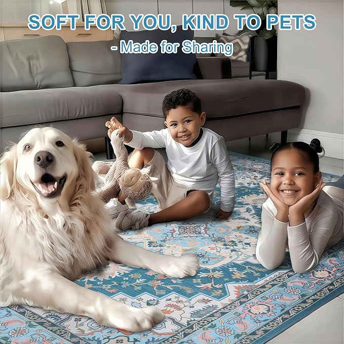 WILLSUN Washable Area Rugs, 4x6 Non-Slip Boho Large Area Rugs for Living Room, Bedroom, Machine Washable Vintage Rug, Indoor Floral Print Carpet for Home Decor, Kid & Pet Friendly Mat