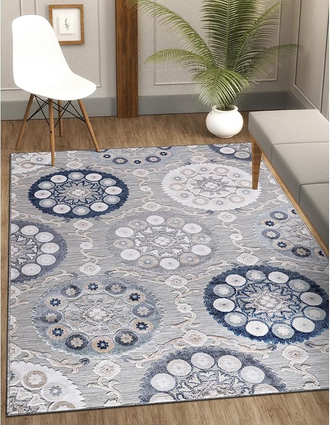 CAMILSON Indoor Outdoor Rug 5x7 Bohemian Medallion Floral Area Rugs for Indoor and Outdoor Patios Easy-Cleaning Non-Shedding Living Room Garden and Kitchen Washable Outside Carpet (5 x 7 / Blue)
