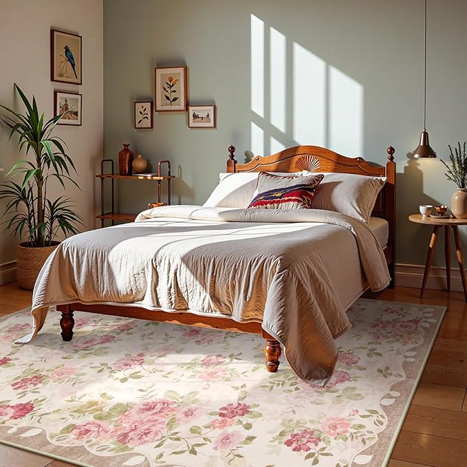 Lahome Vintage Floral 8x10 Area Rugs,Soft Living Room Rugs Boho Large Area Rug Machine Washable, Low Pile Pink Rugs for Bedroom Girls Carpet for Nursery Rug Playroom Dining Room(8'X10',Beige)