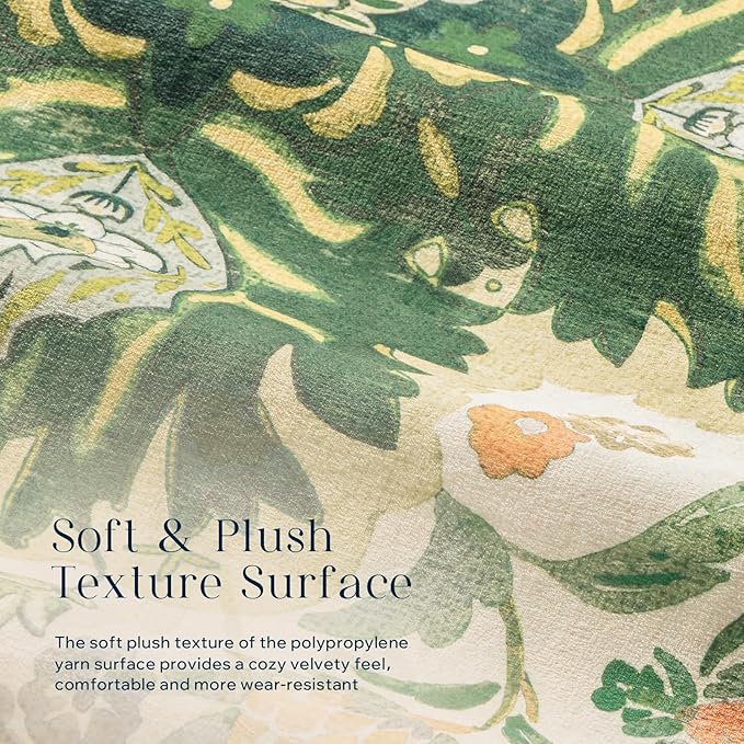 Phantoscope Washable Area Rug 6'x9' Non-Slip, Vintage Boho Rugs for Living Room, Bedroom, Dining Room, Neutral Green Floral Medallion Pattern, Low-Pile Foldable Floor Carpet, Forest Green/Cream