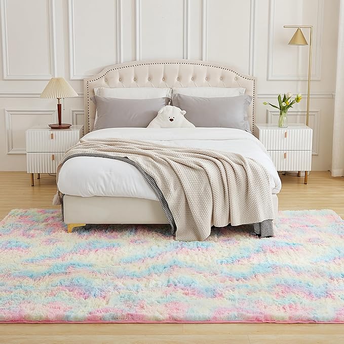 Andency Soft Area Rugs for Living Room Bedroom, 4x6 Fluffy Shaggy Bedside Rug, Non-Slip Large Shag Fuzzy Plush Carpets for Bedroom Kids Dorm Nursery Home Decor Aesthetic, Tie-Dyed Brown