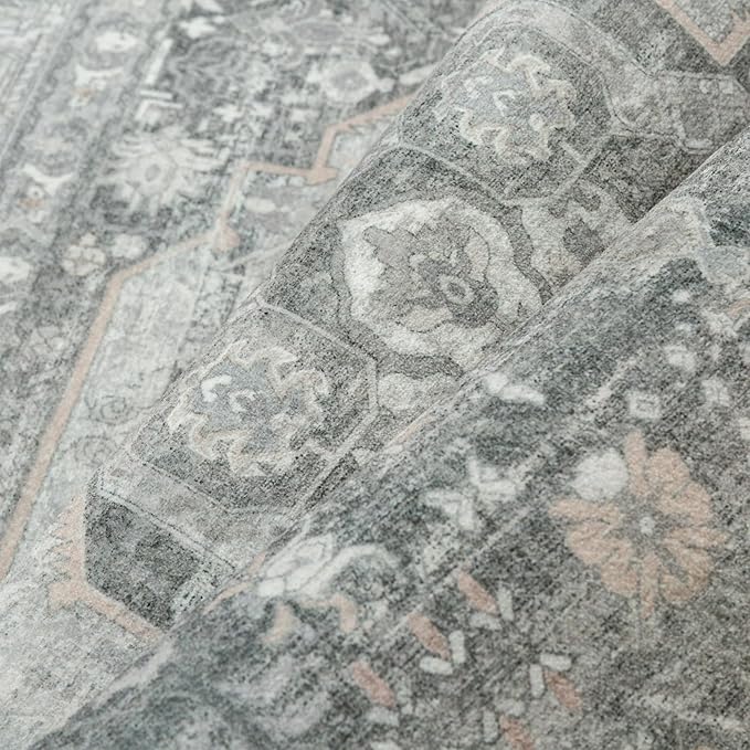 8x10 Grey Washable Vintage Area Rug for Living Room Bedroom Non Slip Distressed Traditional Soft Large Throw Rug Low Pile Lightweight Floral Carpet Office Indoor Classroom Dining Room